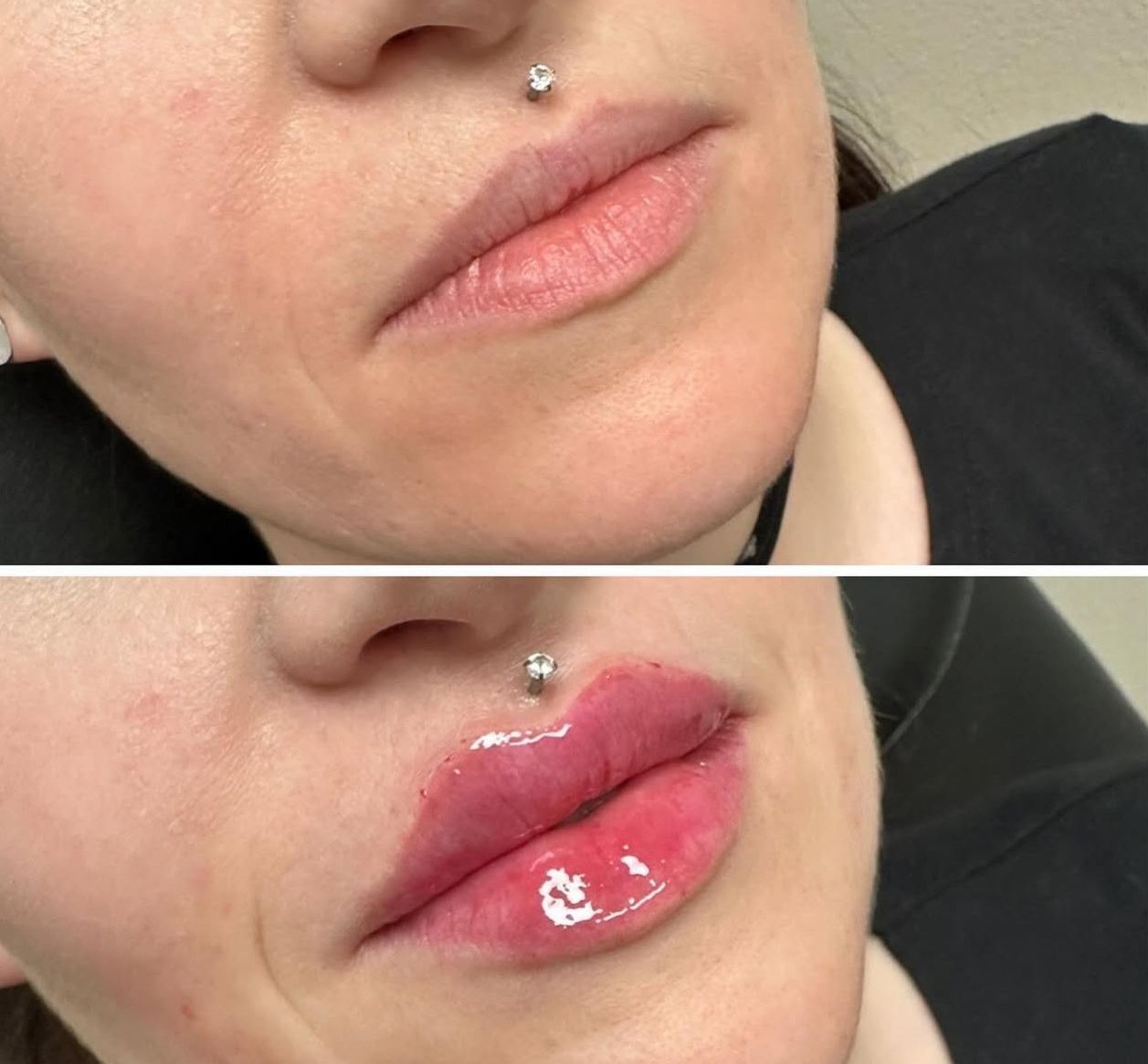 Close-up of lips before and after gloss application, shown in a side-by-side comparison.