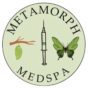 Metamorph Medspa logo with leaf, syringe, and butterfly on a pale green circle