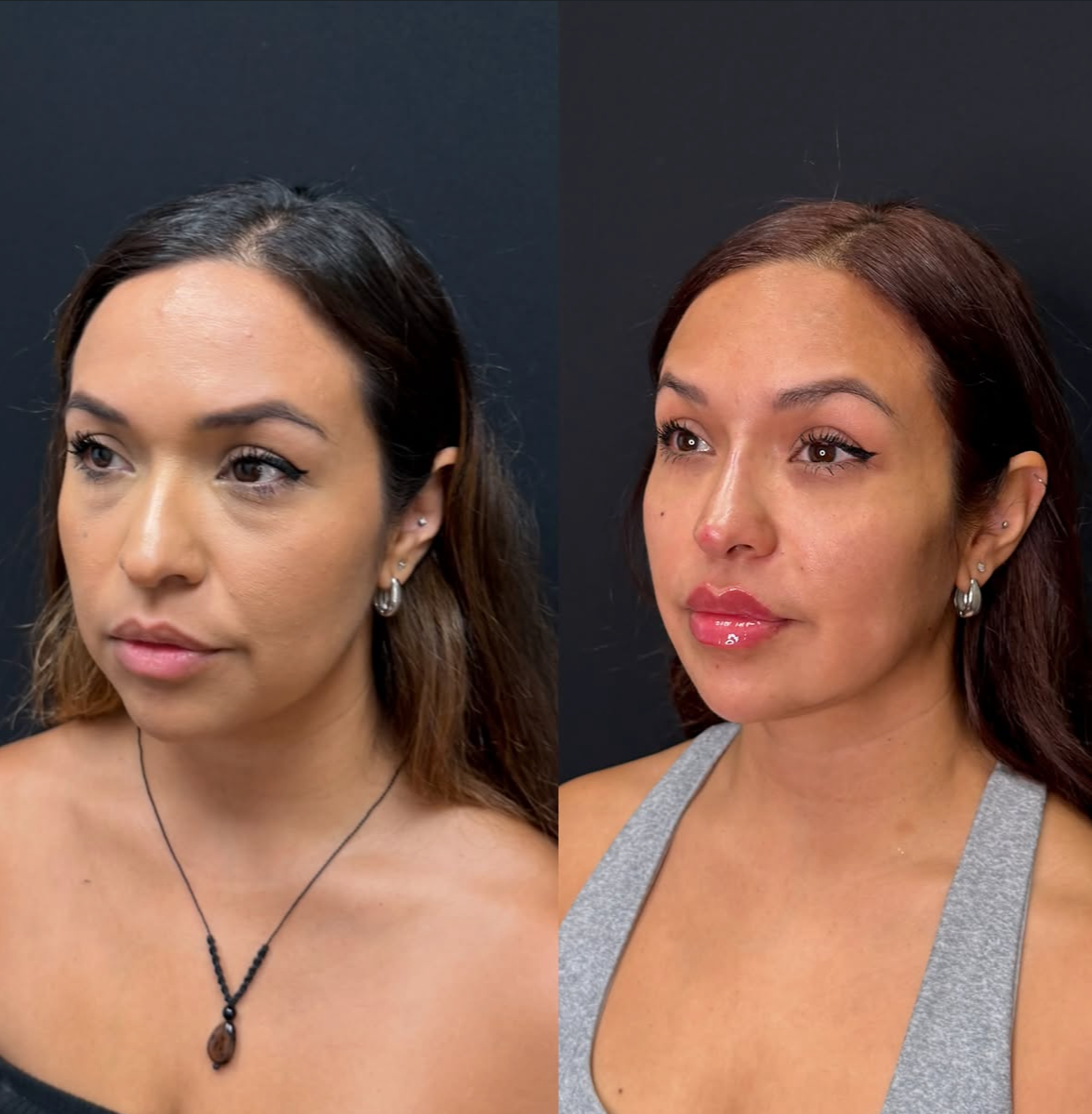 Side-by-side portrait comparison of a woman in dark and gray tops, showing makeup and different lighting.