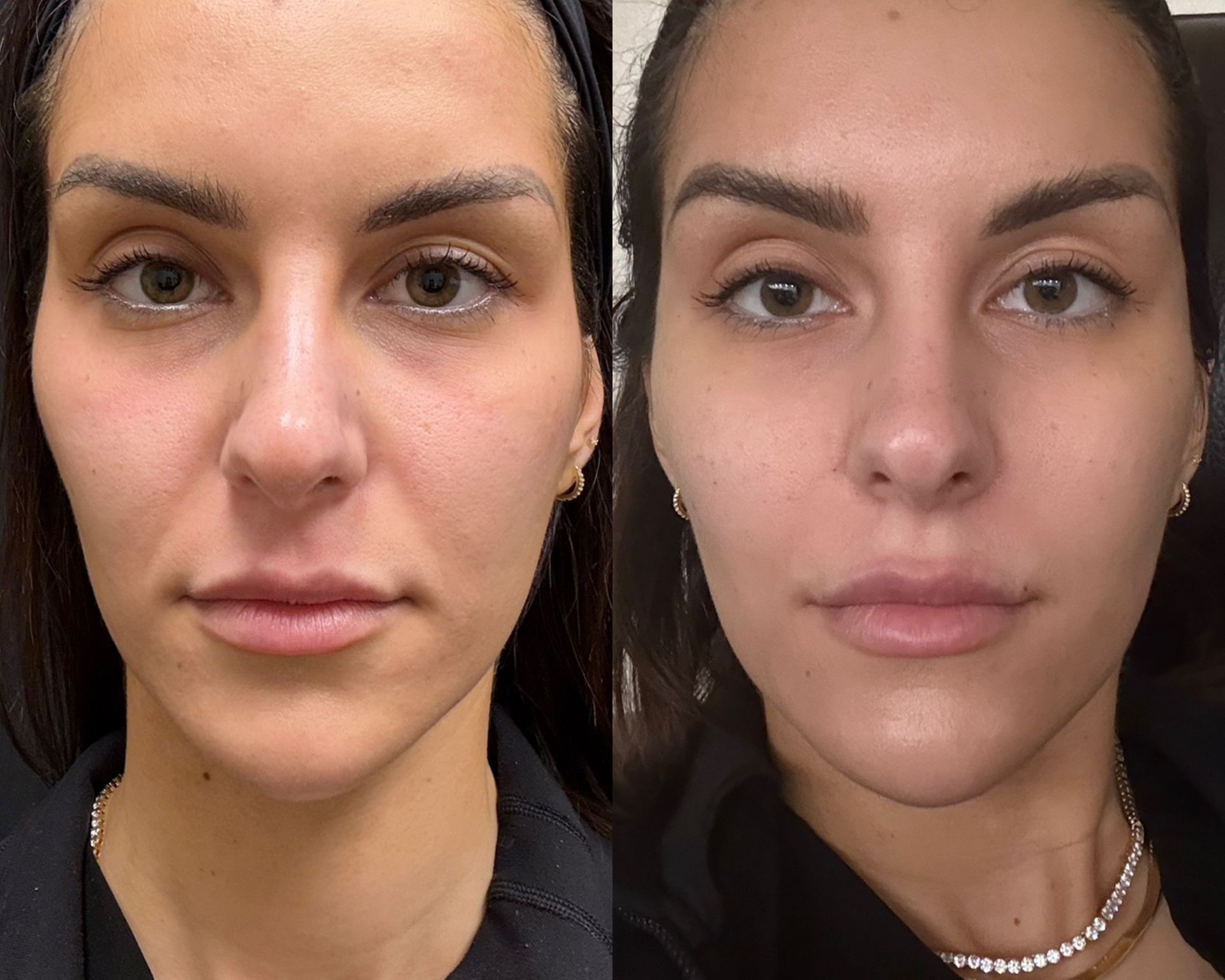 Side-by-side close-up portrait comparison of the same woman with natural and makeup-enhanced looks.