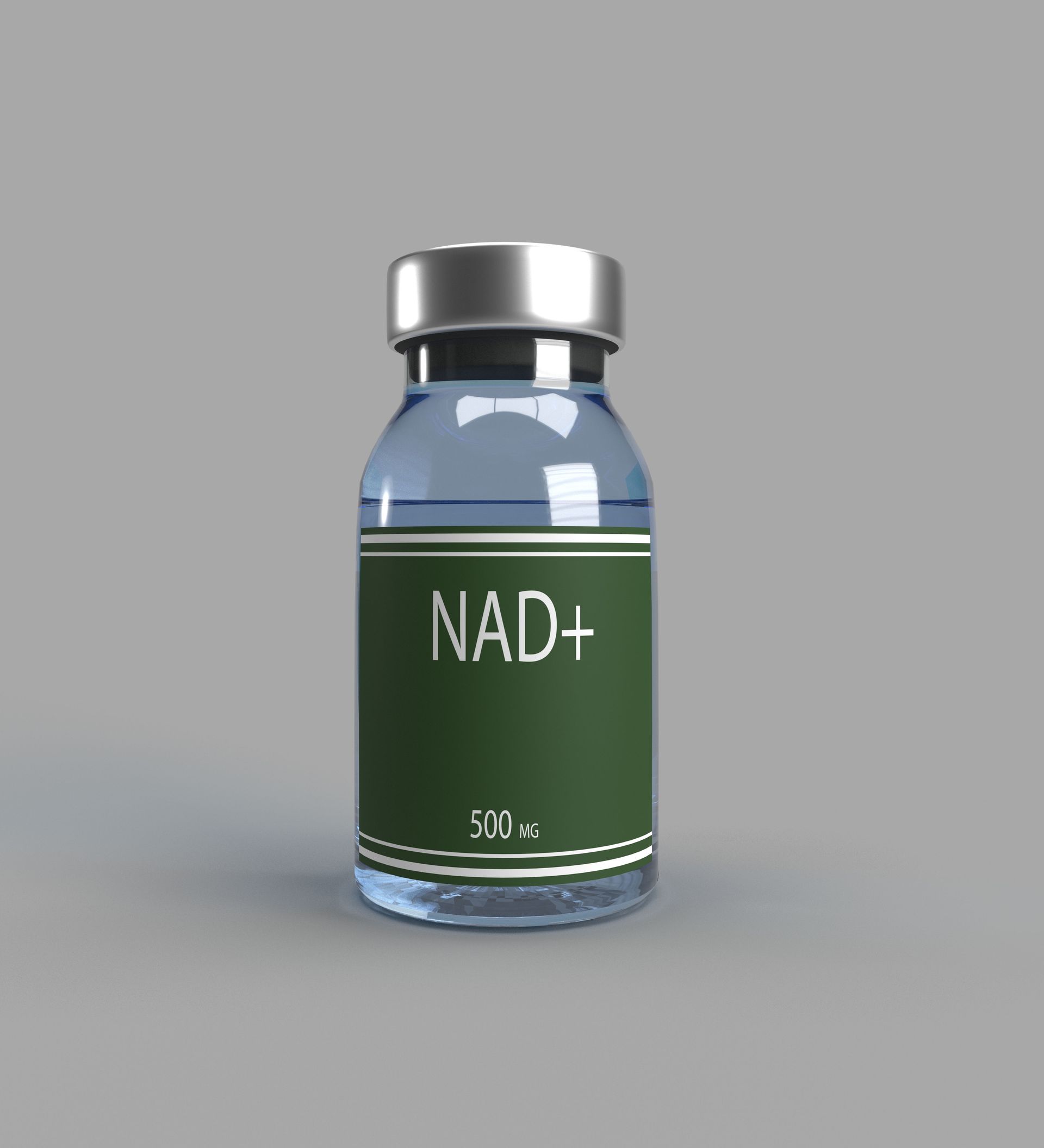 Small vial with silver cap and green label reading “NAD+” on a gray background