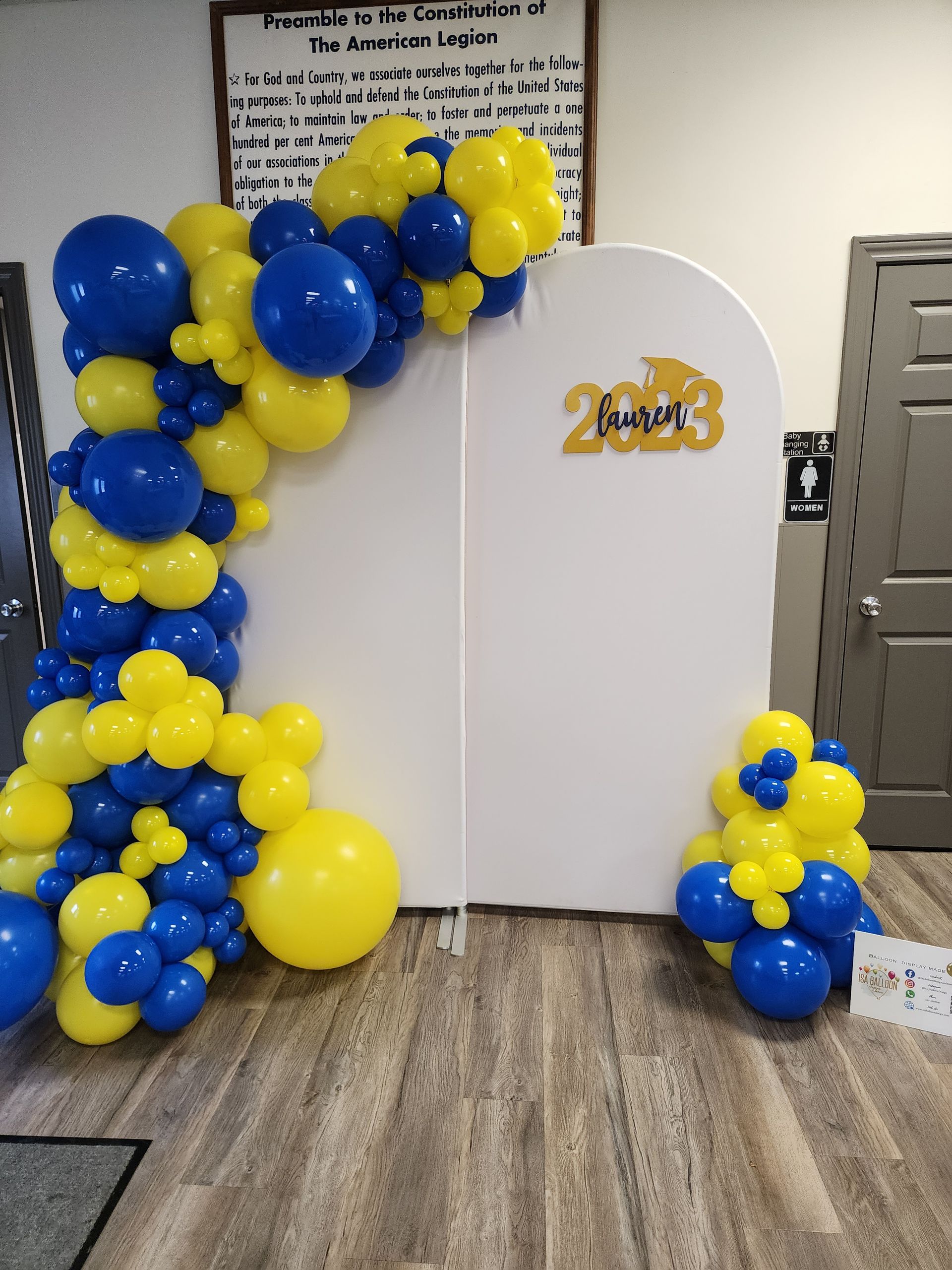 Blue and yellow balloons on a white wall with the year 2013 on it
