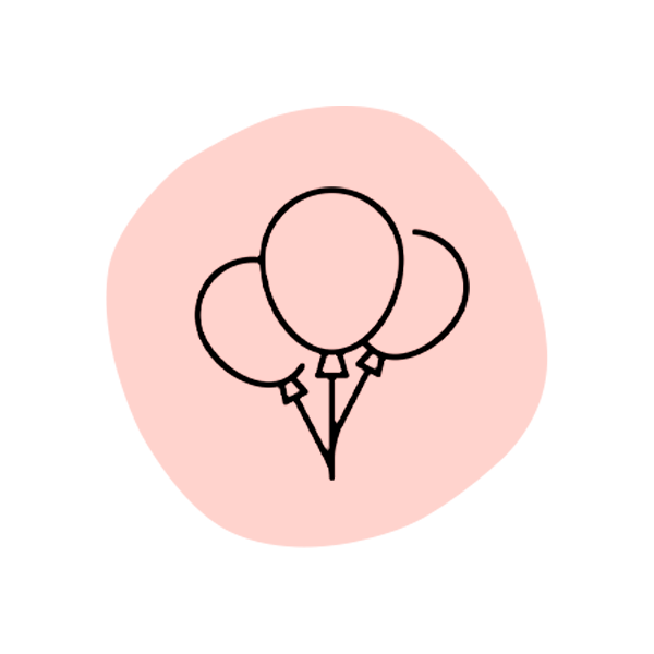 A line drawing of three balloons on a pink background.