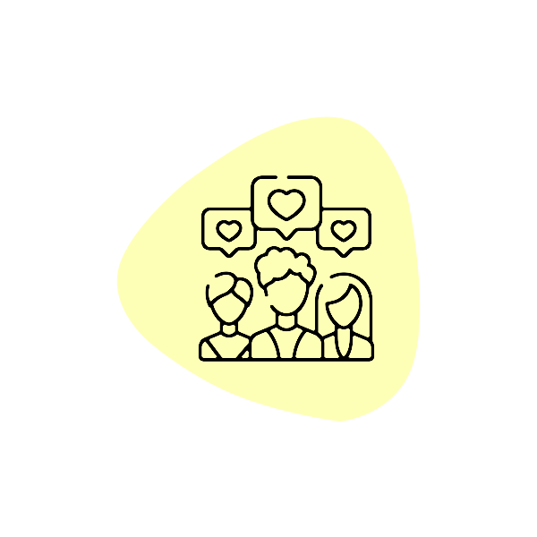 A group of people are standing next to each other on a yellow background.