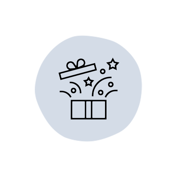 A line drawing of a gift box with stars coming out of it.