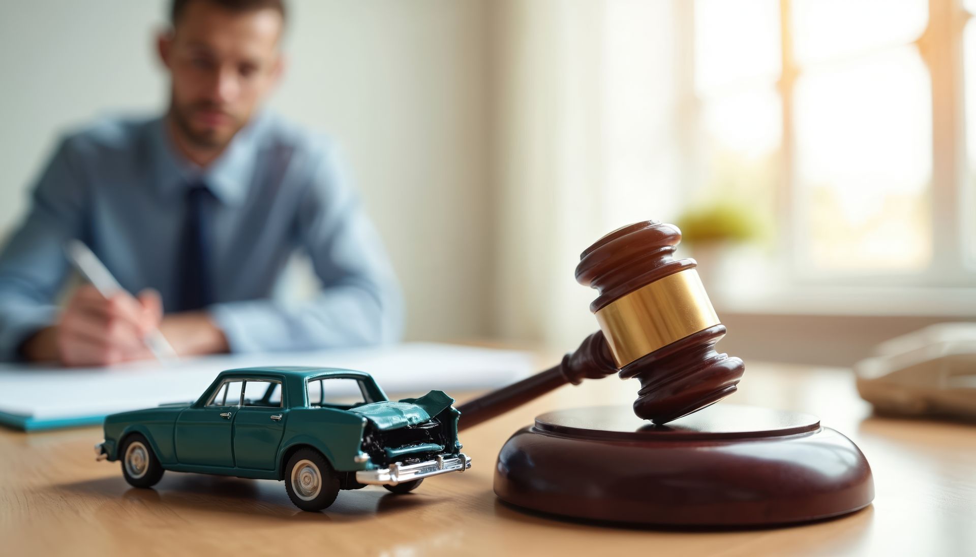 A gavel sits beside a car model as a car accident lawyer reviews important auto insurance document.