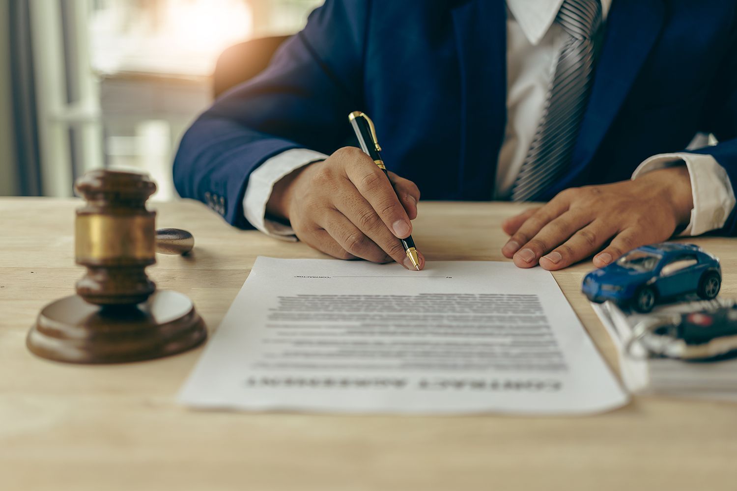 A car accident lawyer reviewing a client's case documents.