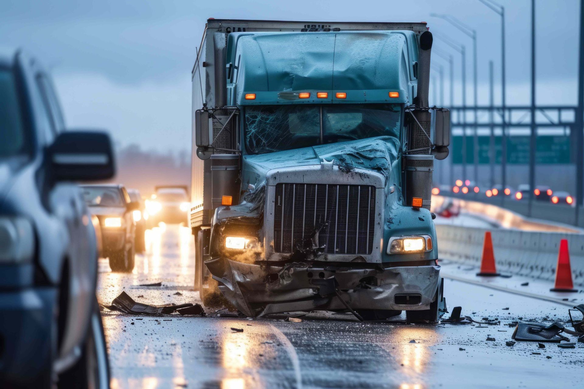 Damaged semi-truck blocking a wet highway after a crash, with headlights on and traffic cones nearby