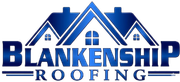 Blankenship Roofing logo in blue with stylized house roof and window icon