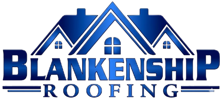 Blankenship Roofing logo in blue with stylized house roof and window icon