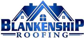 Blankenship Roofing logo in blue with stylized house roof and window icon