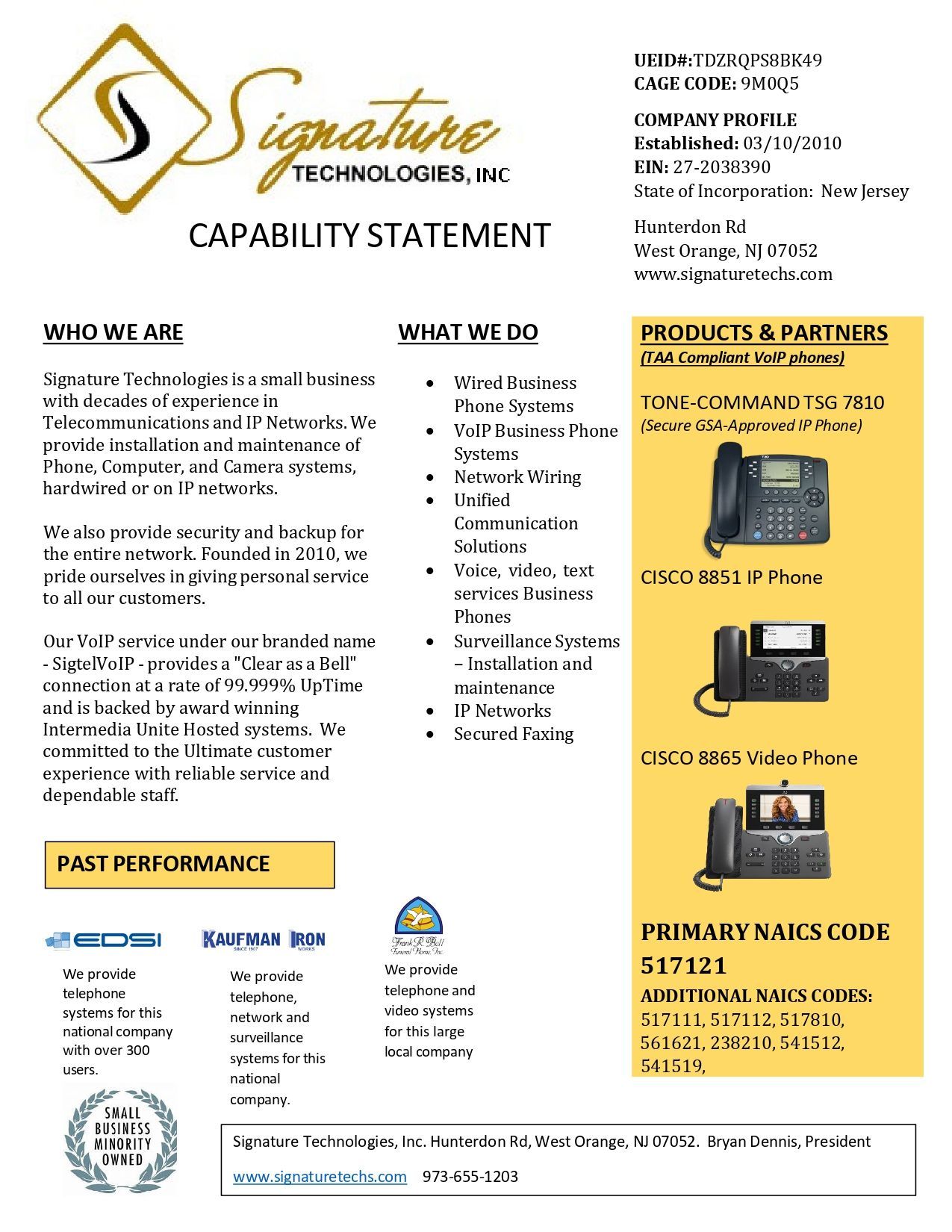 Capability statement for Signature Technologies, a telecommunications and IP networks company.