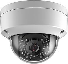 White dome security camera with a dark lens and infrared lights.