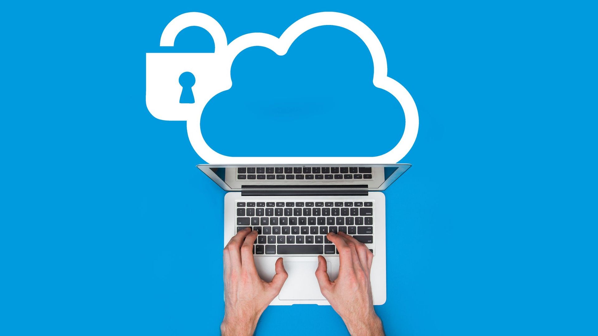 A person is typing on a laptop computer with a cloud and a padlock.
