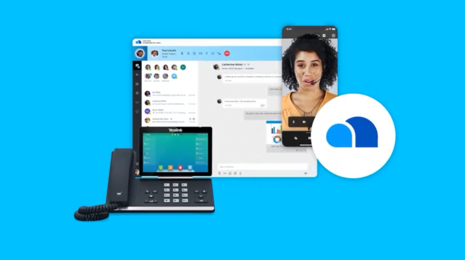 Cloud-based communication platform: includes video call on phone, desktop interface, tablet, and telephone, all on blue background.