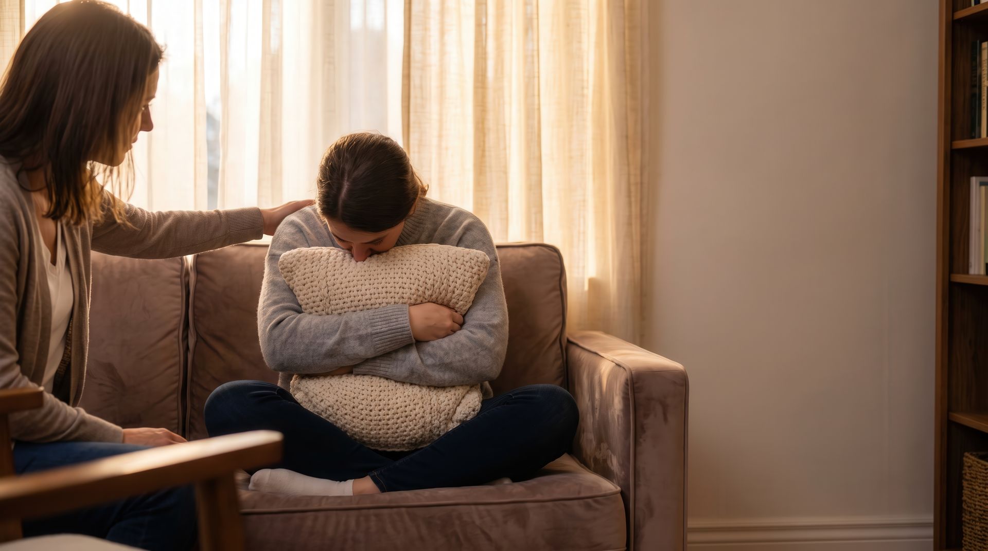 Grief and Loss Counseling: a therapist comforts a grieving woman hugging a pillow on a couch