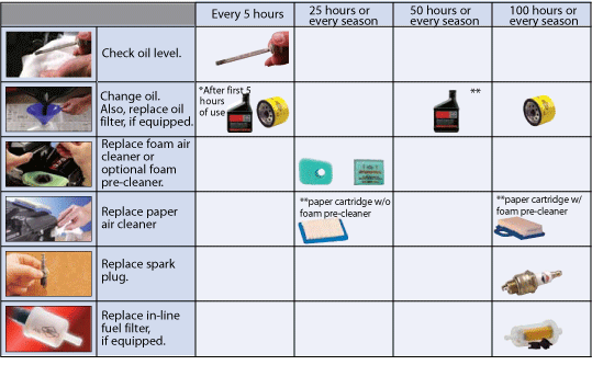 Maintenance schedule chart with visual reminders. Shows tasks to perform at different intervals for a small engine.