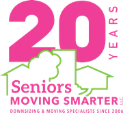 Senior moving company logo with pink “20 years” and green house outline, “Seniors Moving Smarter” text