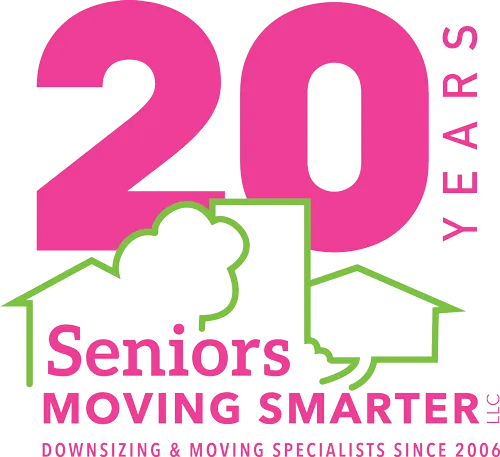 Senior moving company logo with pink “20 years” and green house outline, “Seniors Moving Smarter” text