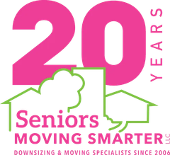 Senior moving company logo with pink &ldquo;20 years&rdquo; and green house outline, &ldquo;Seniors Moving Smarter&rdquo; text