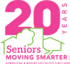 Senior moving company logo with pink &ldquo;20 years&rdquo; and green house outline, &ldquo;Seniors Moving Smarter&rdquo; text