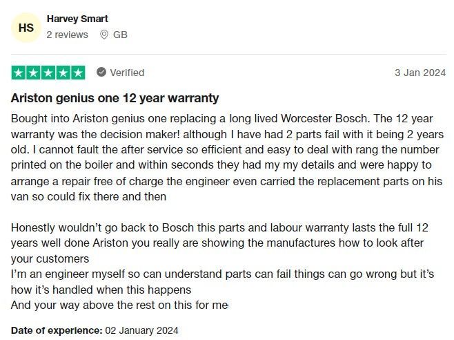 Ariston Boilers 5-star Trustpilot review