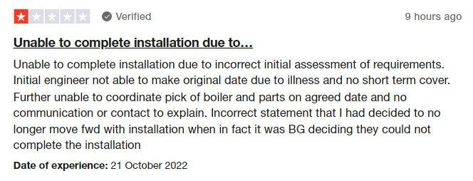 British Gas 1-star Trustpilot review