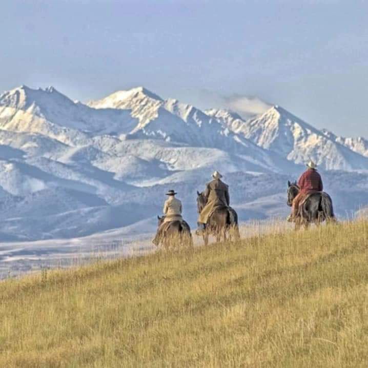 Three riders on horses in a grassy field with snow-covered mountains in the background