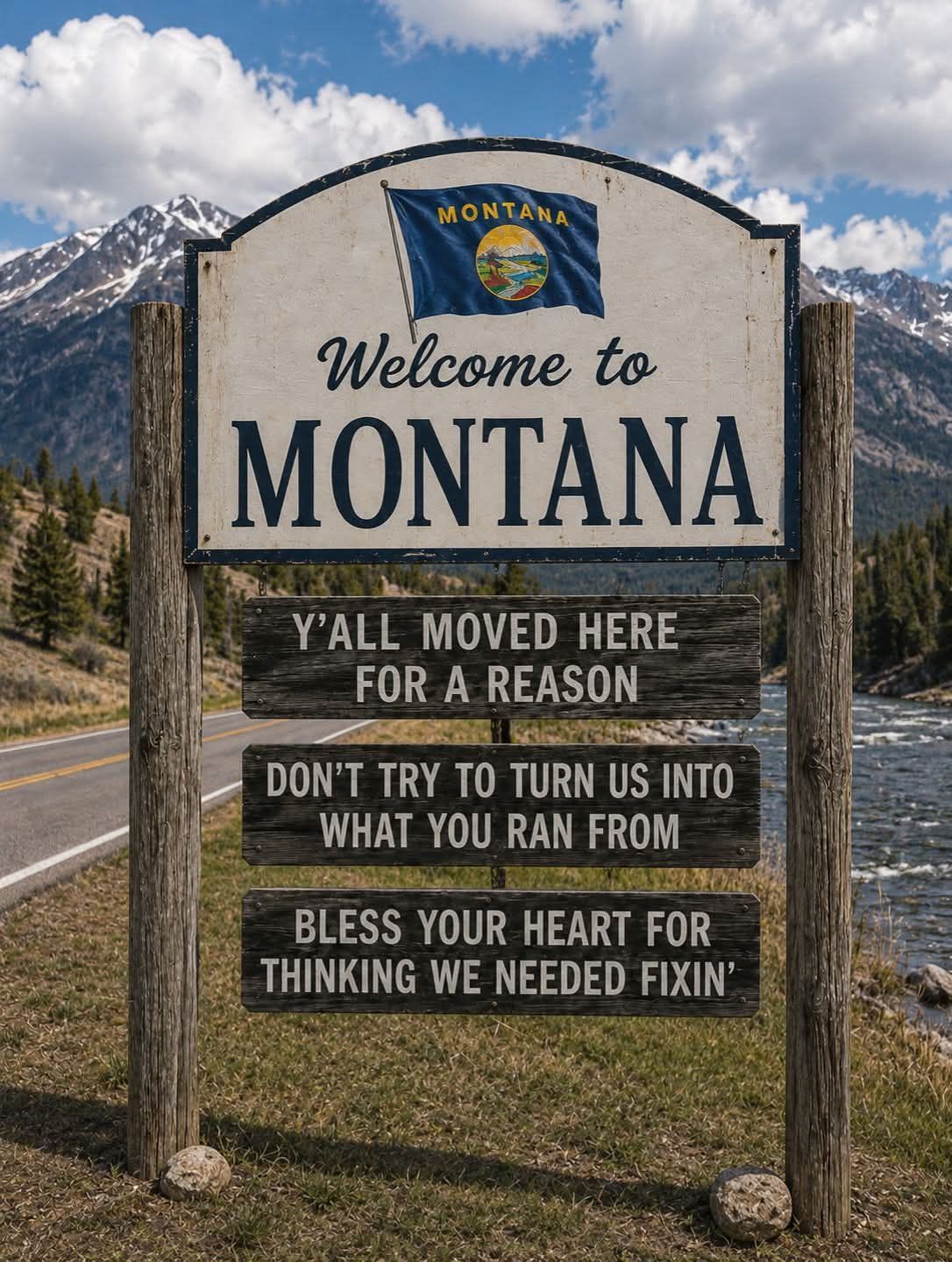 Montana welcome sign with mountains and clouds, saying “You are now in Montana” and “Welcome to Montana.”