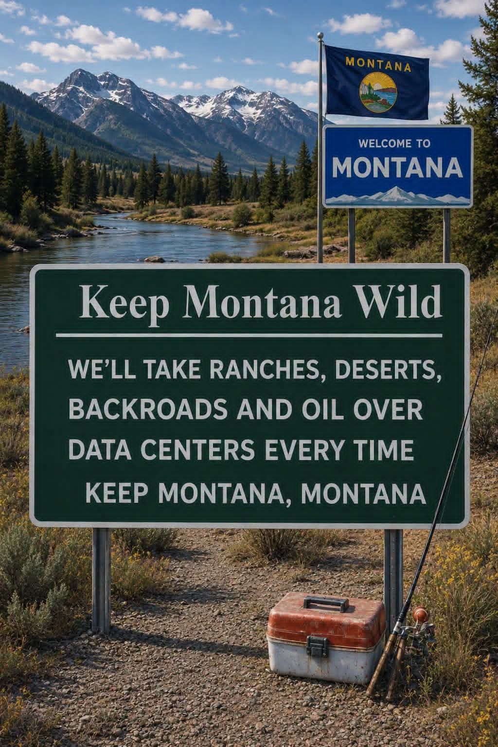 “Keep Montana Wild” roadside sign in front of mountains and a lake, with smaller protest text below.