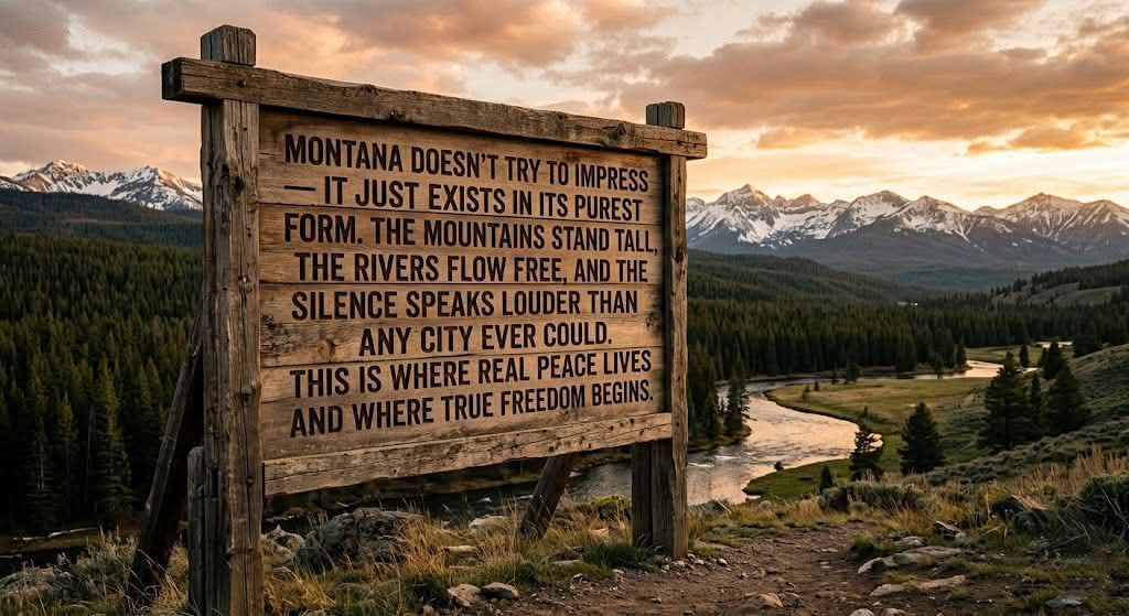 Rustic sign in a mountain landscape at sunset, overlooking a forest and river valley.