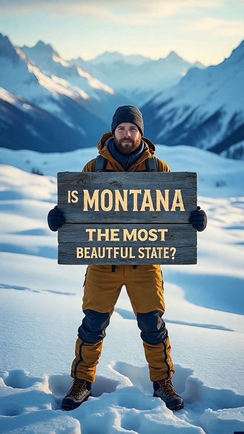 Person holding a sign in snowy mountains that reads, “Is Montana the most beautiful state?”
