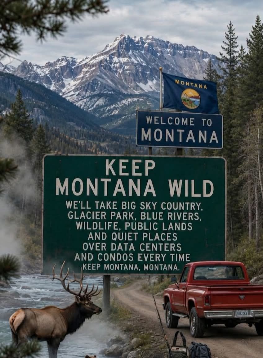 Welcome to Montana sign by mountains, with elk and red pickup on a road at Glacier National Park