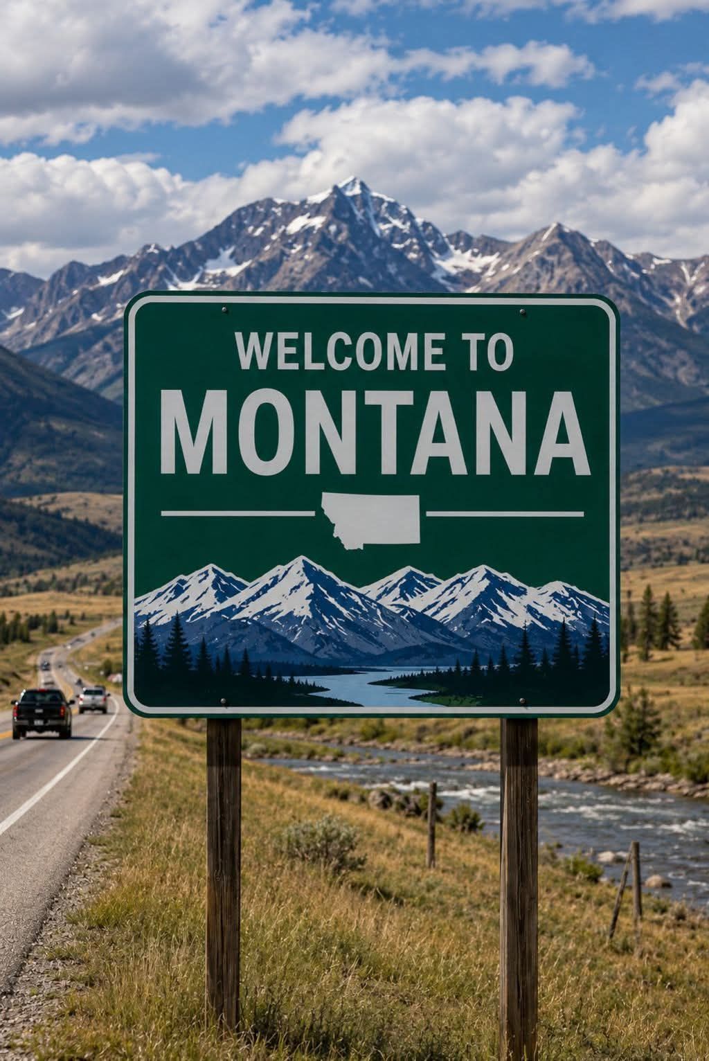 Welcome to Montana roadside sign with mountains, clouds, and a highway under a blue sky