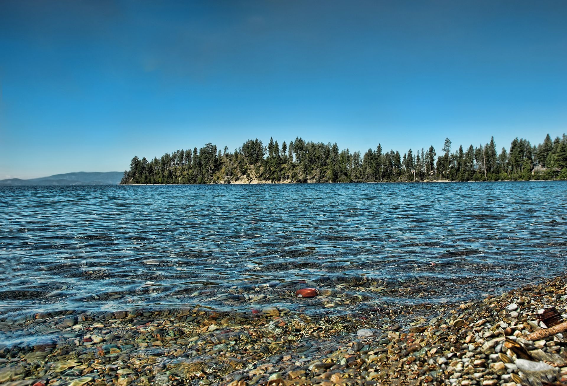 Rocky lakeshore with rippling blue water and a pine-covered island under a clear sky