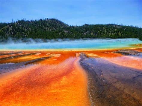 Colorful hot spring with orange mineral ground and blue steaming water beside a forested hill