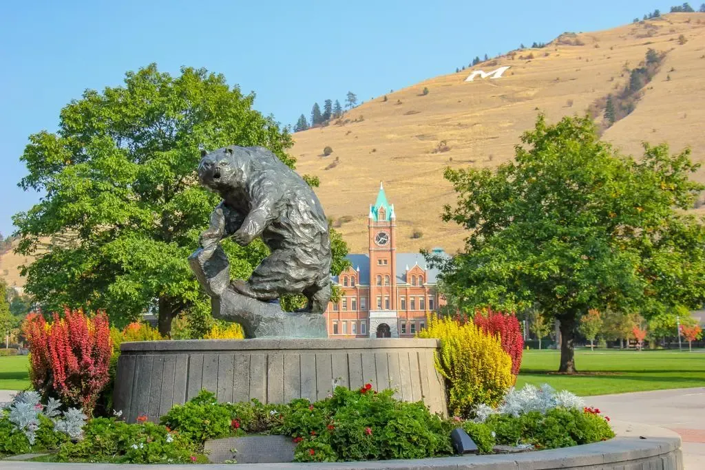 Bronze bear statue in a flower bed with a campus building and hillside in the background