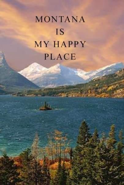 Montana mountain lake landscape at sunset with the words “Montana is my happy place”