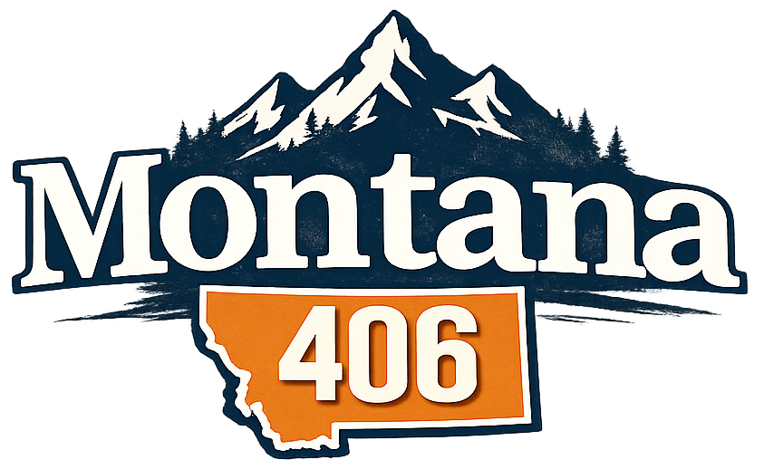 Montana state graphic with white text and an orange highway shield reading 406