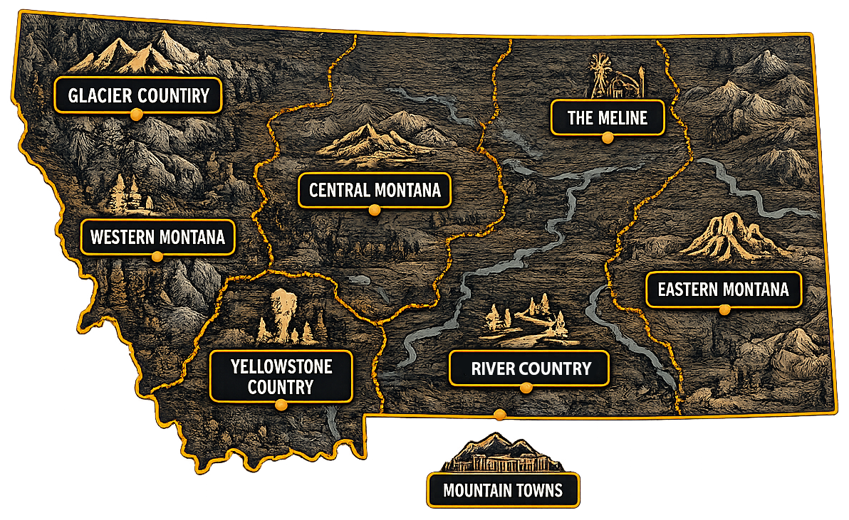 Map of Montana labeled by region/counties on a dark textured background with orange borders