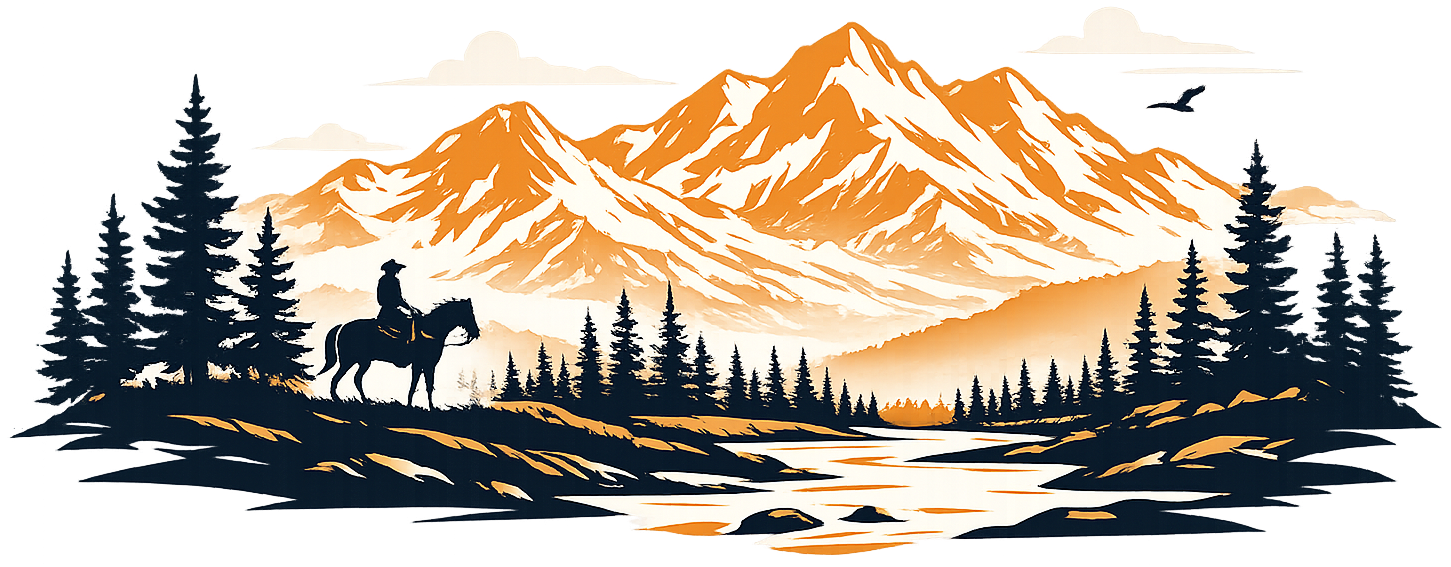Stylized mountain landscape with orange peaks, pine trees, a rider on horseback, and birds over a river