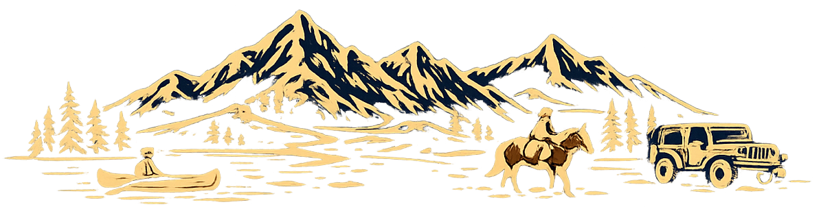 Snowy mountain landscape with pine trees, a person on horseback, and an off-road vehicle on the right