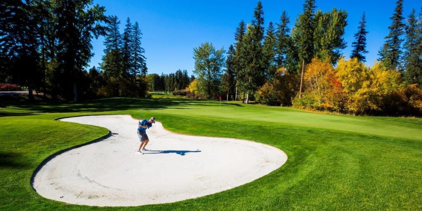 Golfer in a white sand bunker on a lush green course under a blue sky