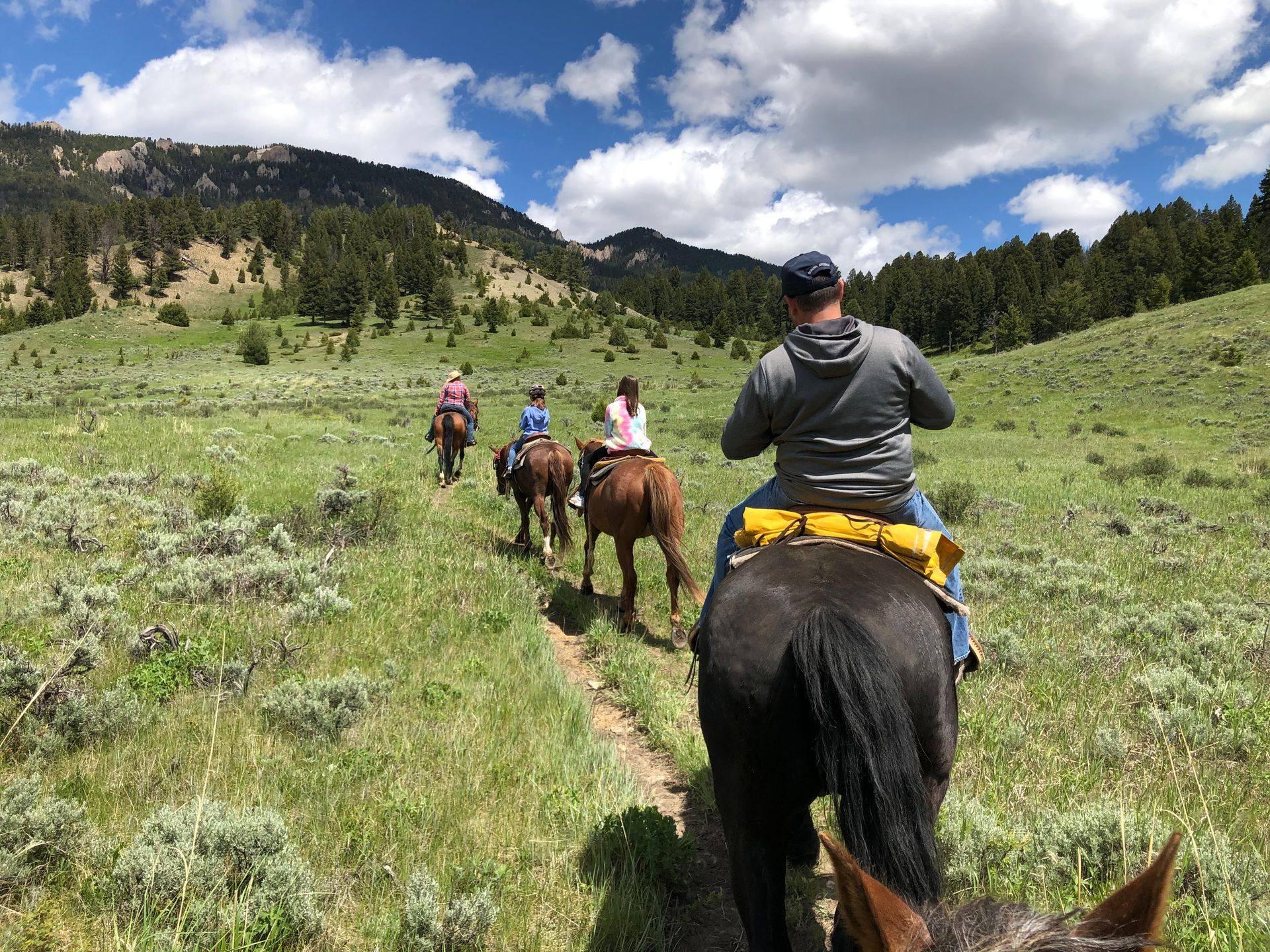 People horseback riding along a grassy mountain trail under a blue sky with clouds