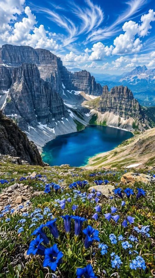 Alpine lake below jagged mountains, with blue wildflowers in the foreground under a bright cloudy sky