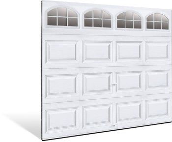 White paneled garage door with four small arched windows across the top