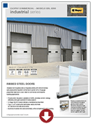 Industrial brochure page showing gray warehouse roll-up doors and stacked white steel door panels, with a red down arrow.