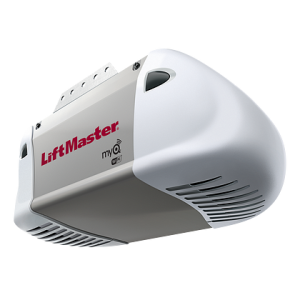 White LiftMaster garage door opener unit with vents and logo on a plain background