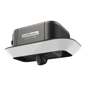 LiftMaster ceiling-mounted garage door opener with white light panel and black housing