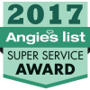 2017 Angie's List Super Service Award badge in teal and gray with a shield design